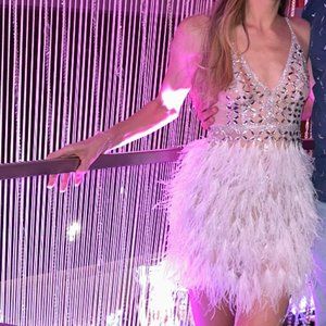Custom made feather & jeweled mini dress